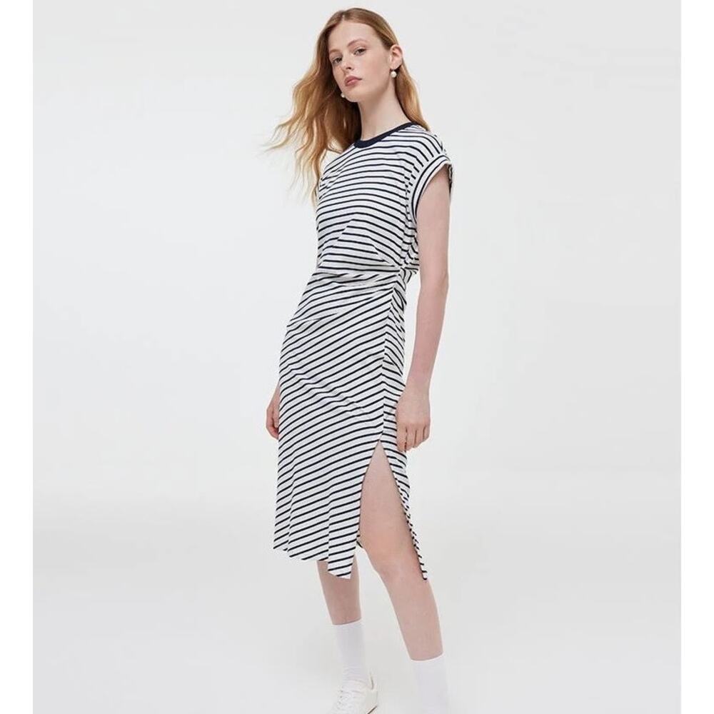 Goelia Navy Blue Nautical Stripe Cap Sleeve Crewneck Side Slit Midi Dress NWT